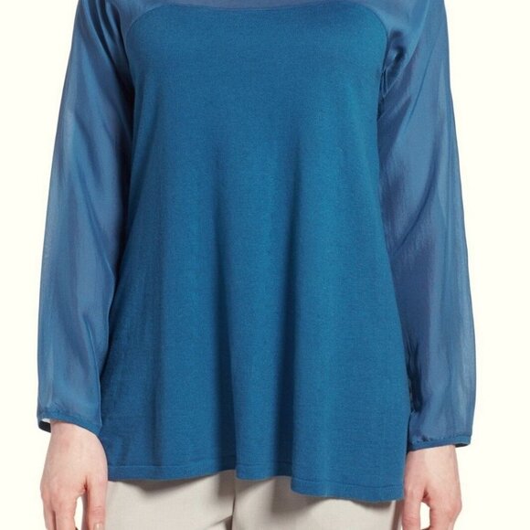 Eileen Fisher Deep Sky Scoop Neck Woven Contrast Tunic - Picture 2 of 5